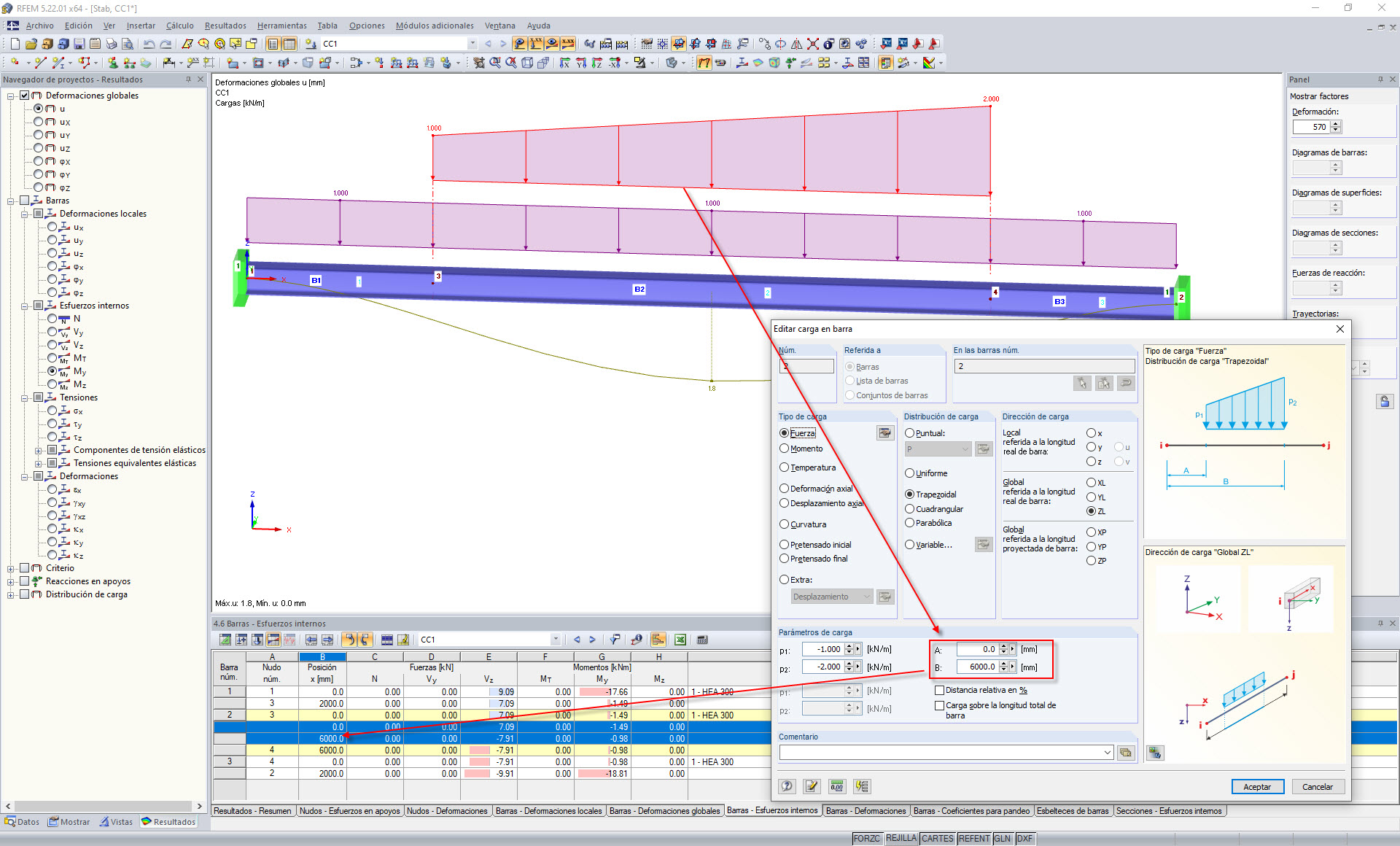 Carga en barra definida en secciones
