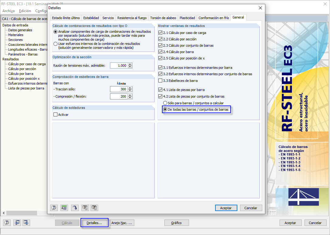 Configuración de la lista de piezas todas o sólo las barras a calcular