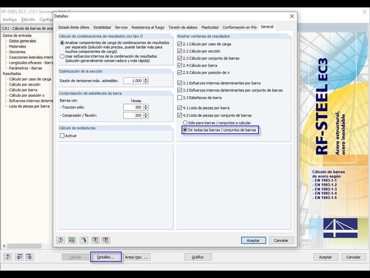 Configuración de la lista de piezas todas o sólo las barras a calcular