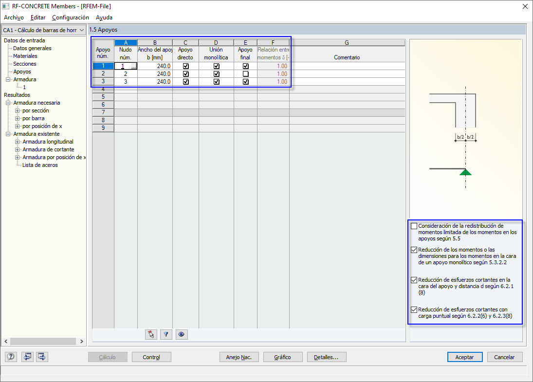 Cuadro de diálogo "1.5 Apoyos" con las opciones de reducción de momentos y esfuerzos cortantes
