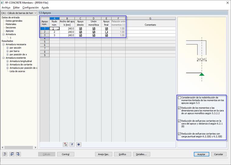 Cuadro de diálogo "1.5 Apoyos" con las opciones de reducción de momentos y esfuerzos cortantes