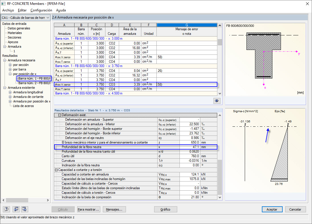 Profundidad de la fibra neutra en la ventana "2.4 Armadura necesaria por posición de x"
