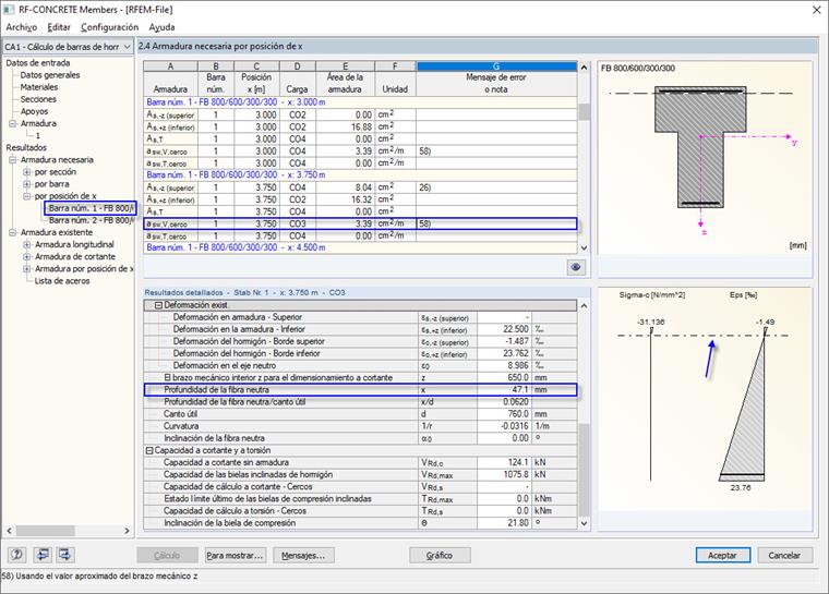 Profundidad de la fibra neutra en la ventana "2.4 Armadura necesaria por posición de x"