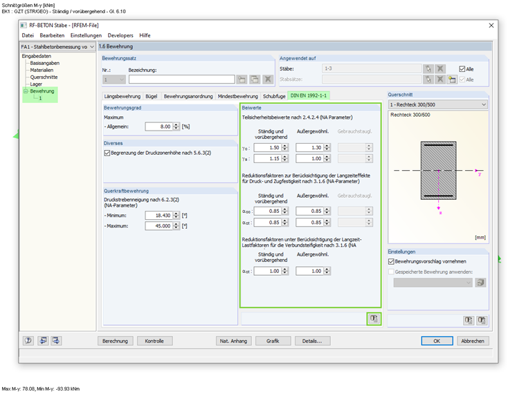 Ventana 1.6 con configuración de factores de seguridad parciales para el cálculo
