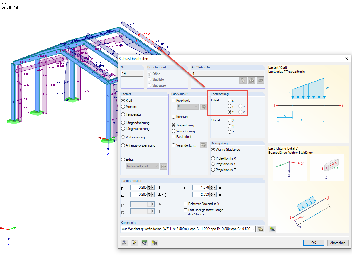 Carga de viento, dirección de la carga