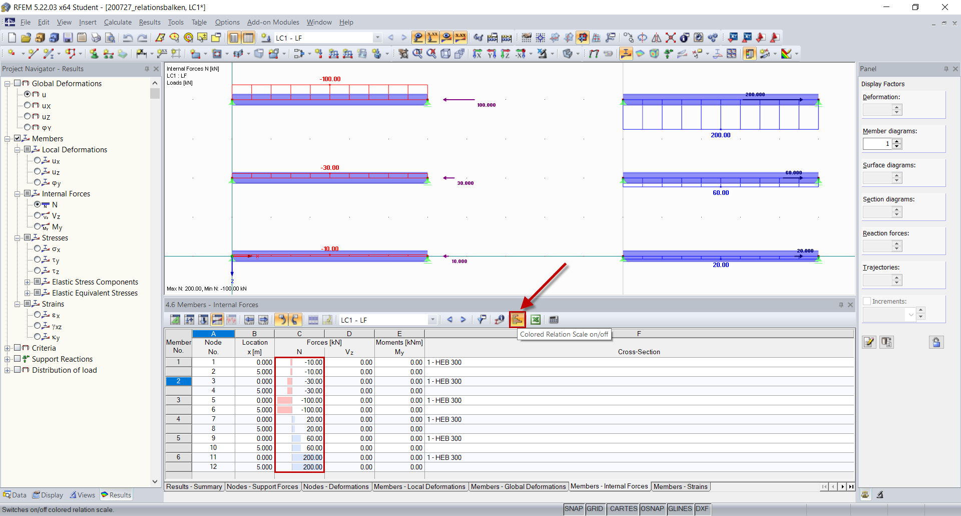 Tabla "Esfuerzos internos - Barras" con escala de referencia coloreada