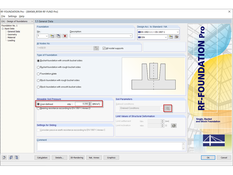 Especificación directa de la presión admisible del suelo sin cálculo utilizando fórmulas según EN 1997-1, anexo D