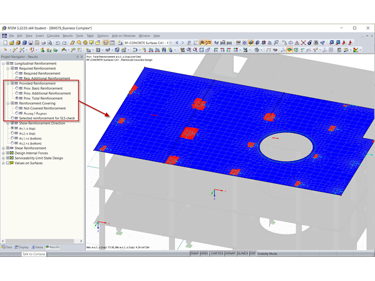Opciones en el navegador de resultados de RF-CONCRETE Surfaces