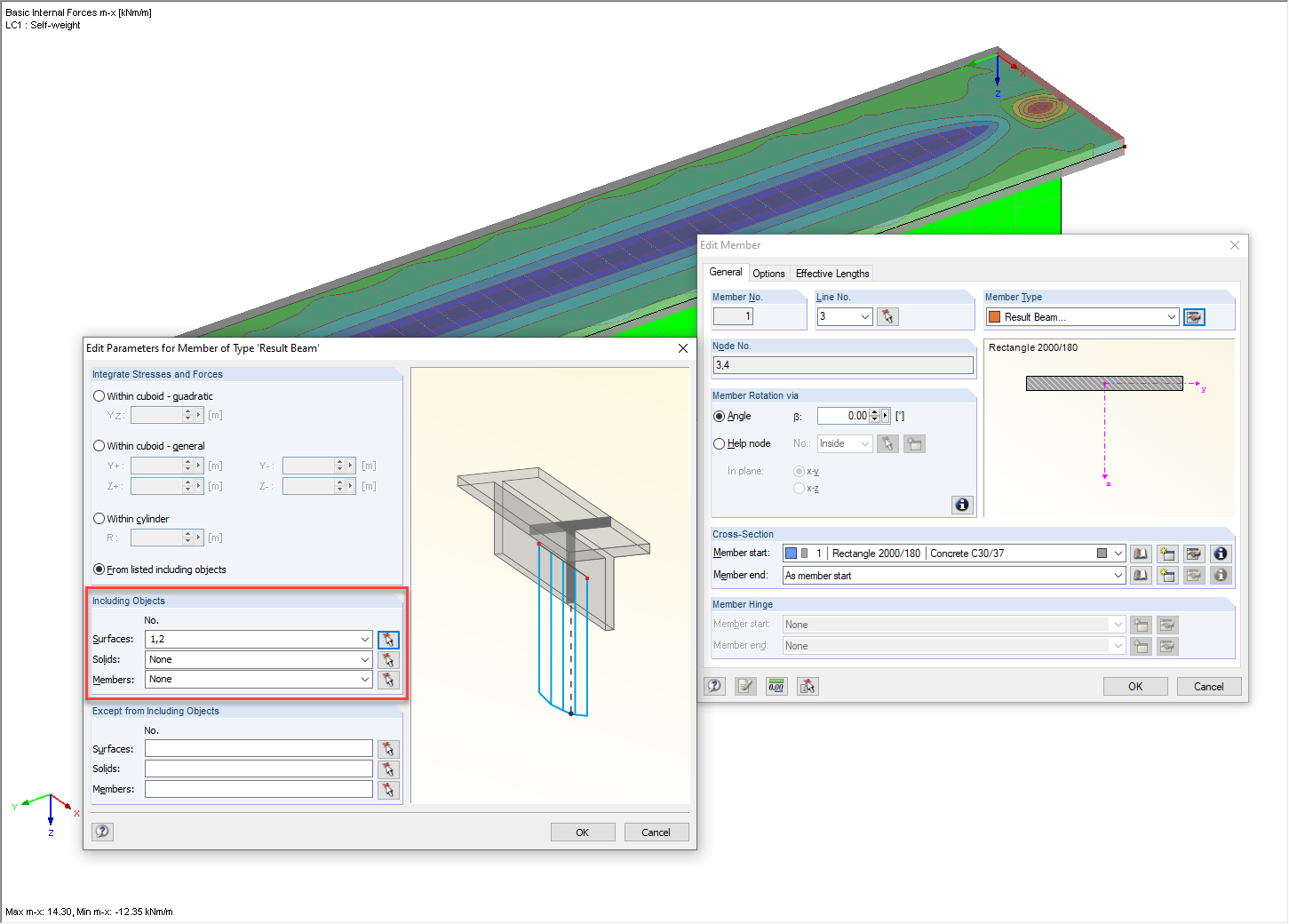 Configuración de objetos incluidos en la viga de resultados
