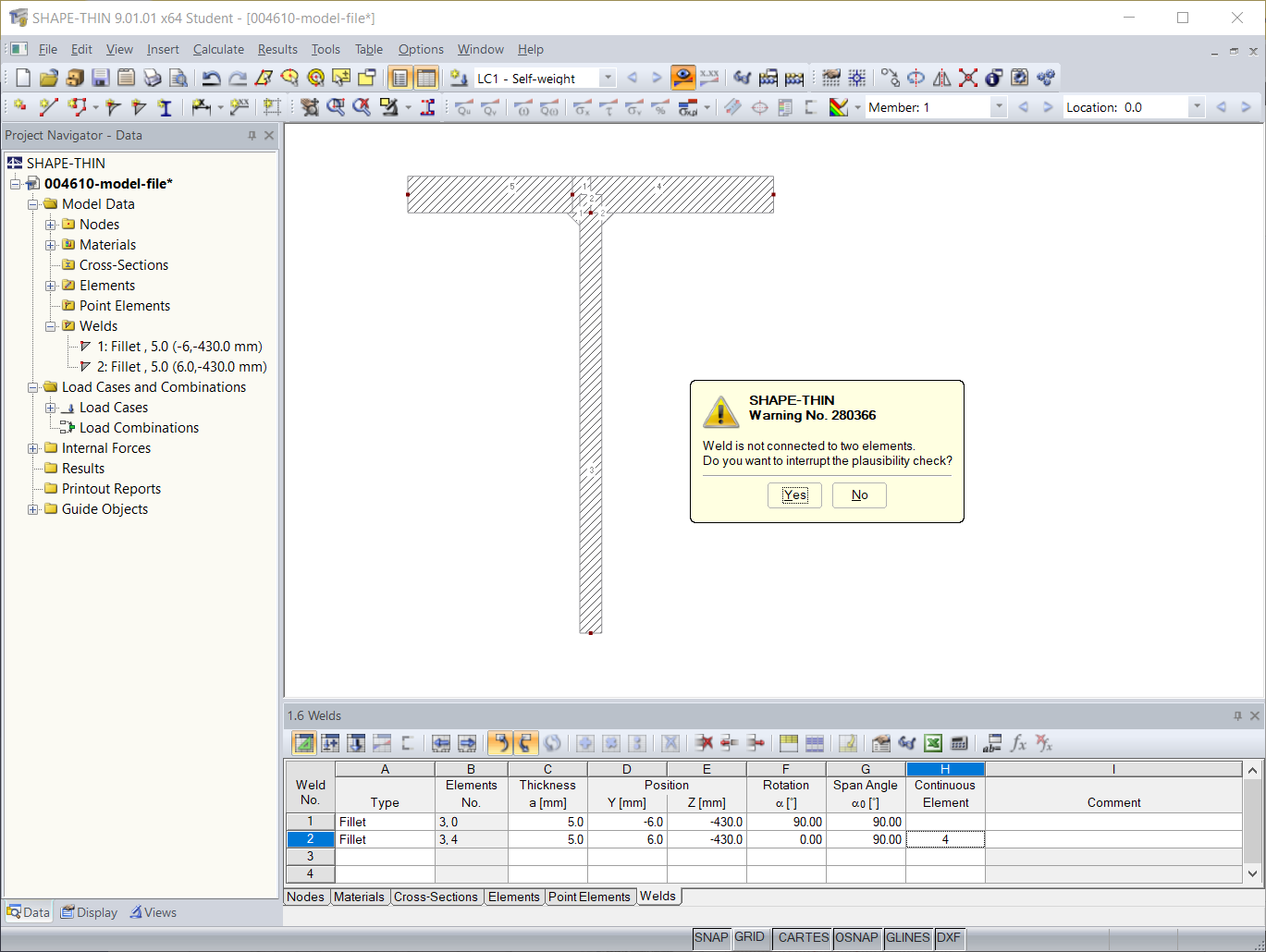 Mensaje de error "La soldadura no está conectada a dos elementos"
