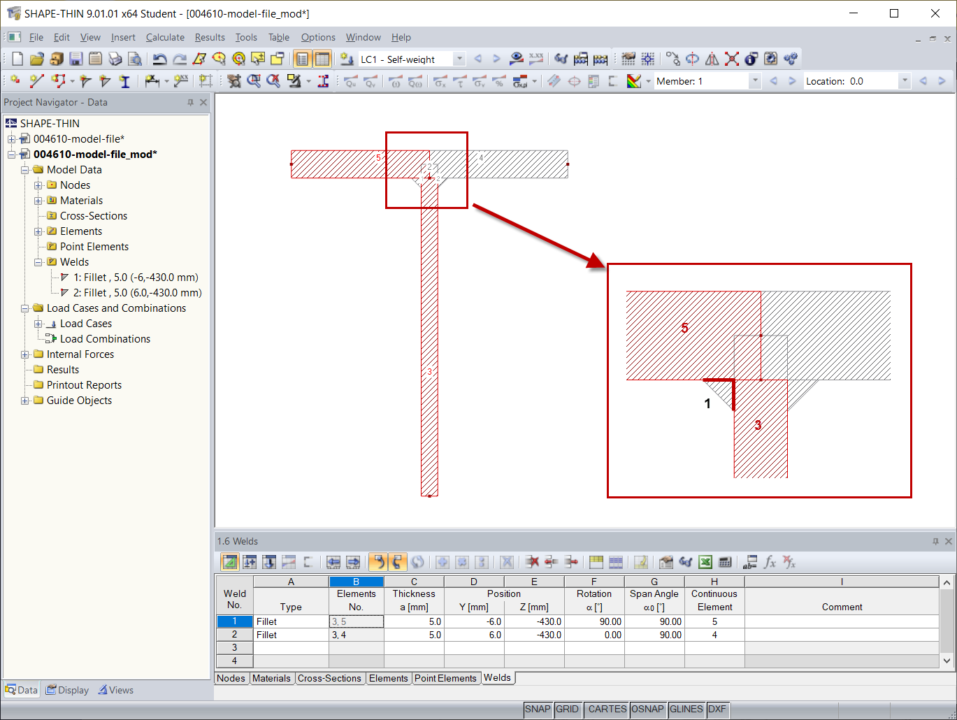 Elementos 3 y 5 conectados a la soldadura 1 (marcados en rojo)