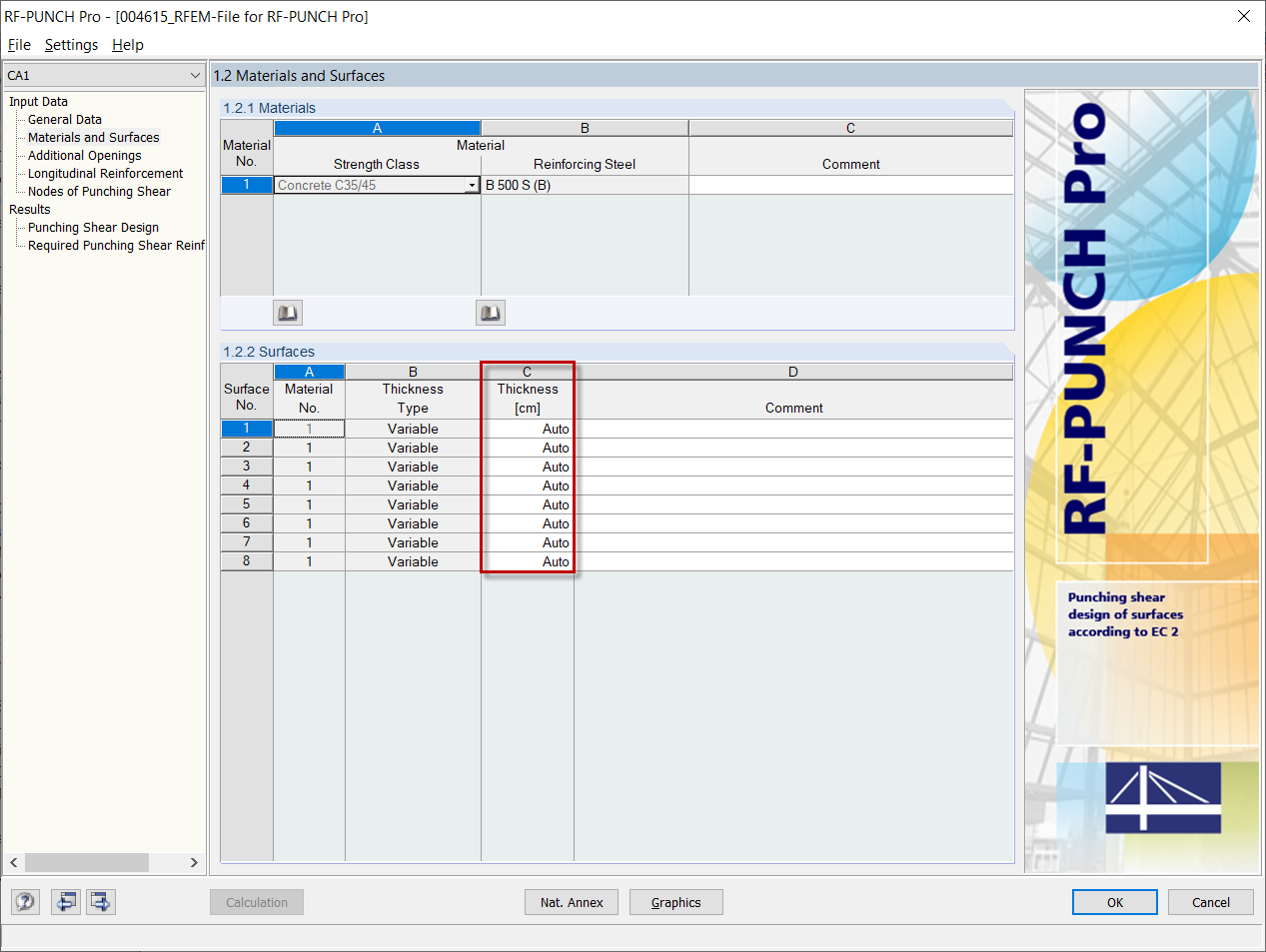Ventana 1.2 Materiales y superficies en RF-PUNCH Pro con la configuración del espesor de la superficie