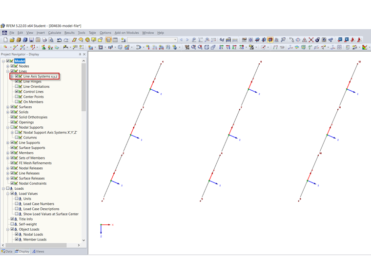 Activación de los ejes de línea locales A x, y, z en el navegador de visualización