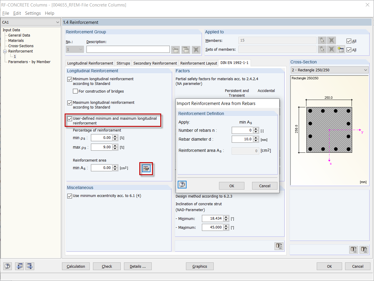 Ventana 1.4 en RF-CONCRETE Columns con configuración de la armadura básica existente