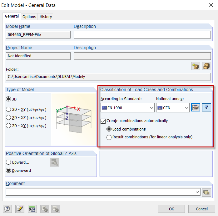Activación de combinaciones automáticas en el cuadro de diálogo "Editar modelo - Datos generales"
