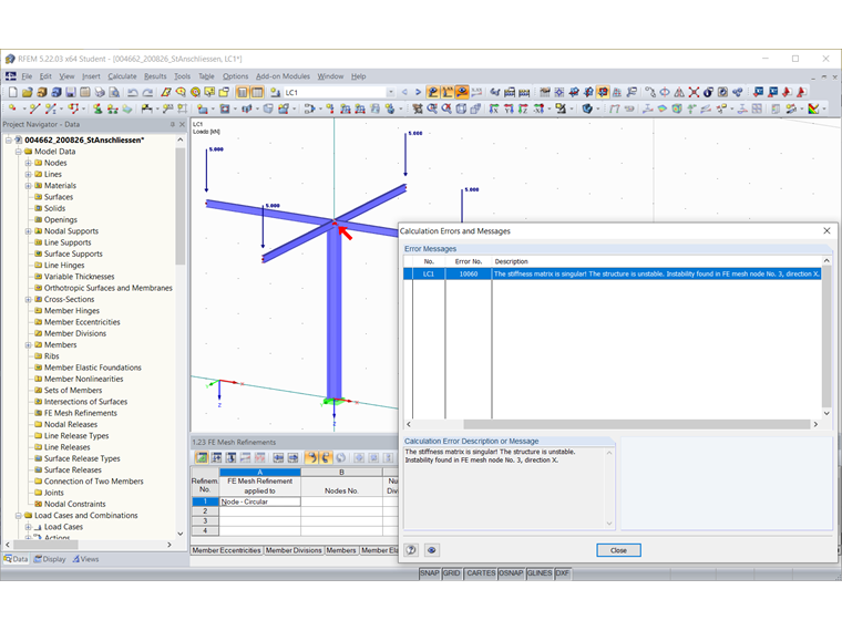 Estructura inestable, barras no conectadas