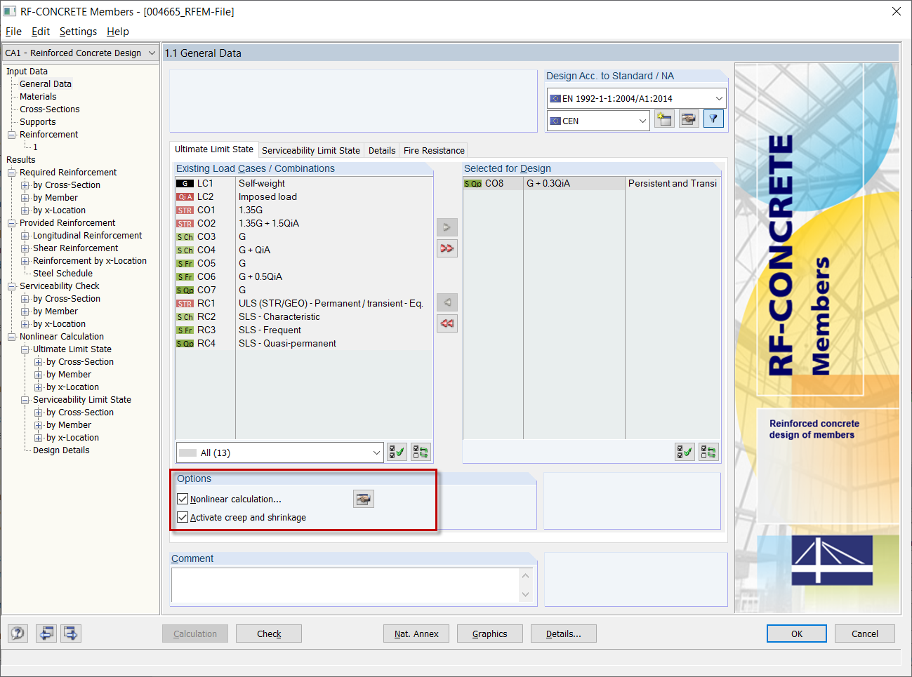 Ventana 1.1 en RF-CONCRETE Members con activación del cálculo NL incl. fluencia y retracción