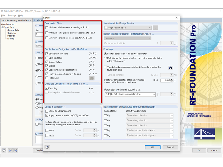 Configuración detallada en RF-/FOUNDATION Pro con la selección de las comprobaciones de diseño disponibles