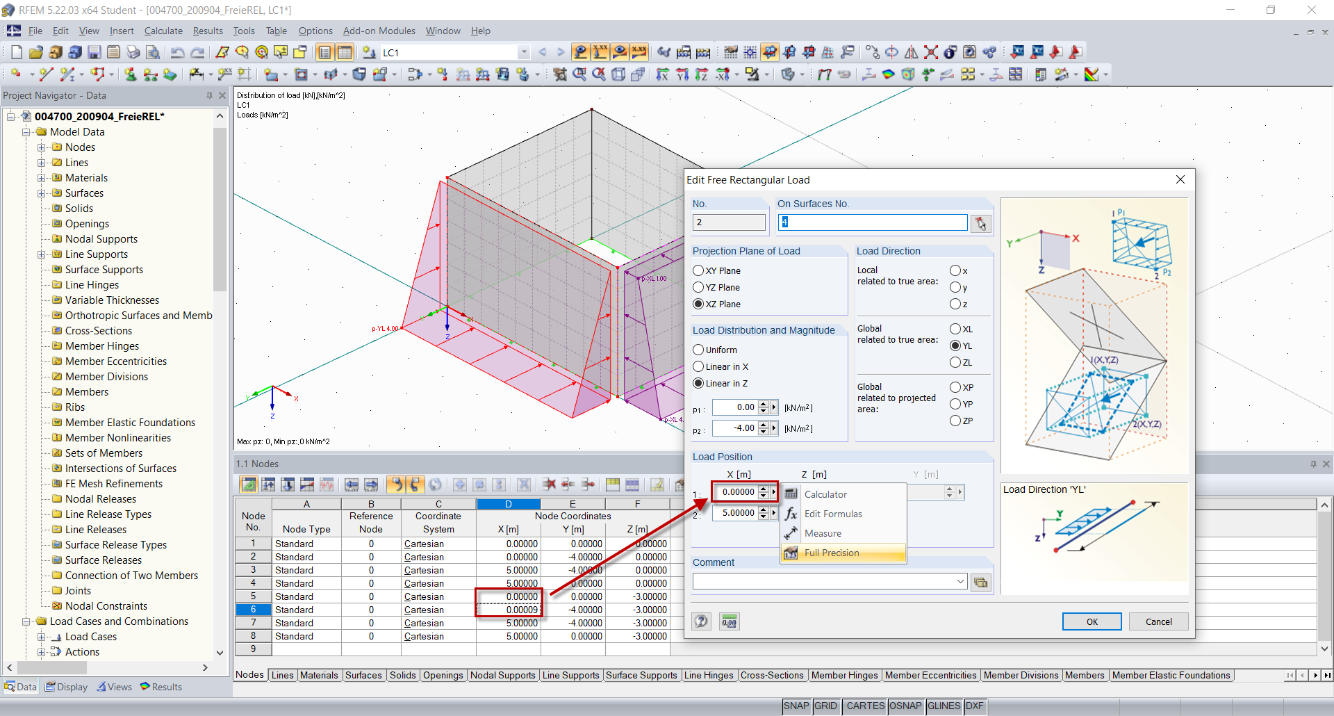 Desviación entre las coordenadas del nudo y la carga rectangular libre