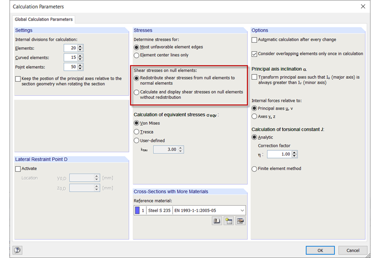 Configuración de opciones para la visualización/cálculo de tensiones cortantes en elementos nulos