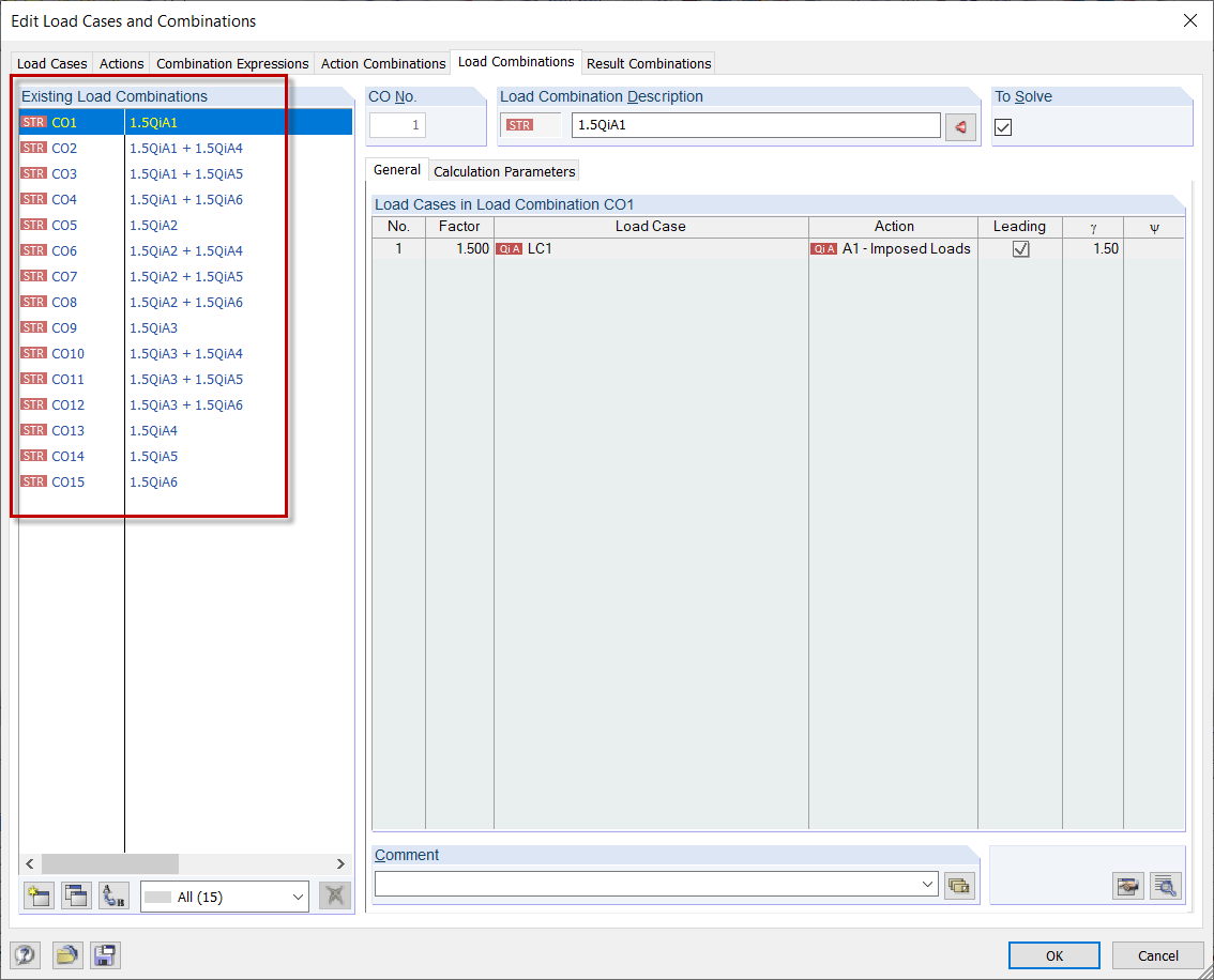 Comprobación de combinaciones de carga