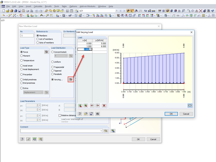 Edición de cargas variables en barra