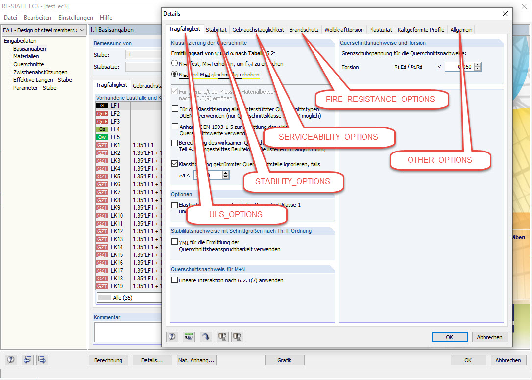 Detalles del cuadro de diálogo del módulo adicional STEEL EC3 con los tipos de variables correspondientes para la programación COM