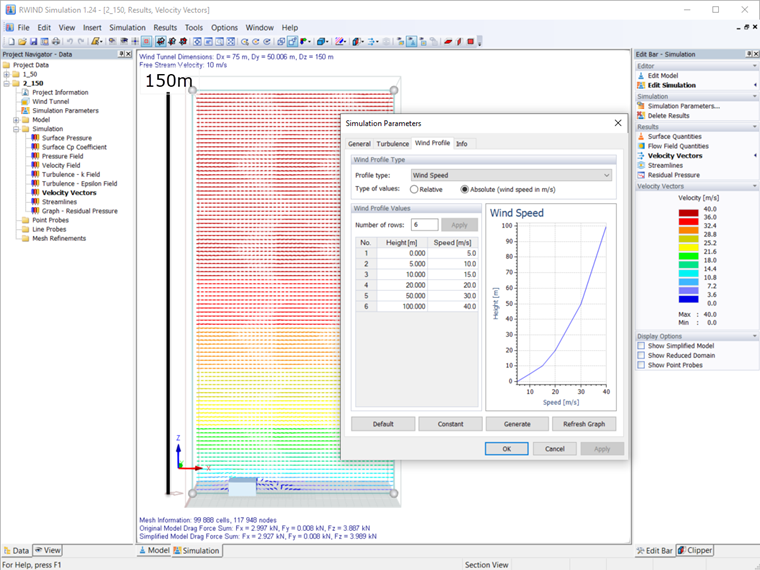 Altura del túnel de viento 150 m