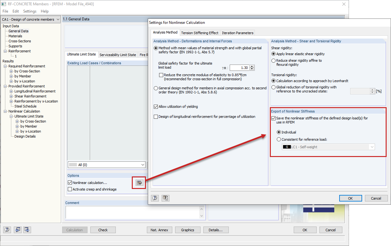 Exportación de la rigidez no lineal