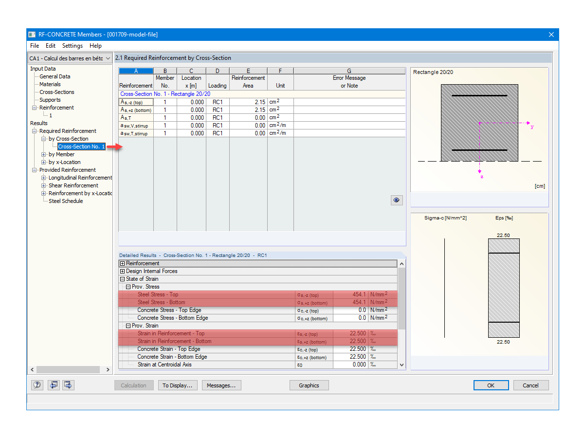 Tensiones proporcionadas y deformaciones determinadas por RF-CONCRETE Members