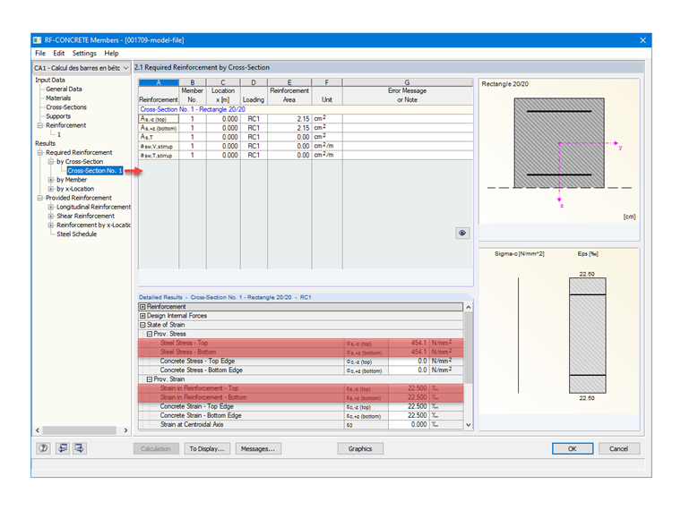 Tensiones proporcionadas y deformaciones determinadas por RF-CONCRETE Members