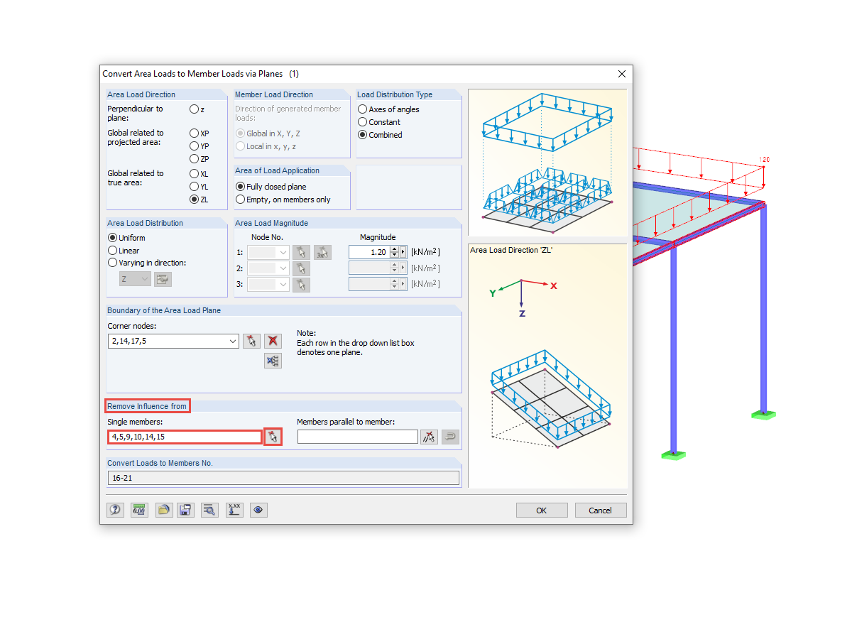 Cargas de superficie solo en la superficie eficaz de barras (por ejemplo, sin efecto en las barras seleccionadas)