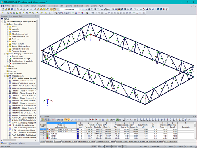 Modelo RSTAB de cerchas de acero para fachadas de aproximadamennte 10 m de altura (© Gruner AG)