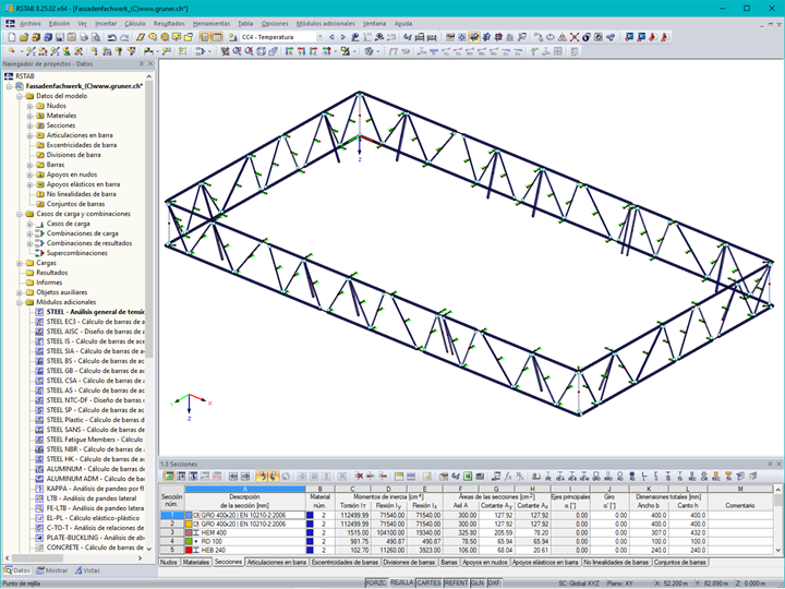 Modelo RSTAB de cerchas de acero para fachadas de aproximadamennte 10 m de altura (© Gruner AG)