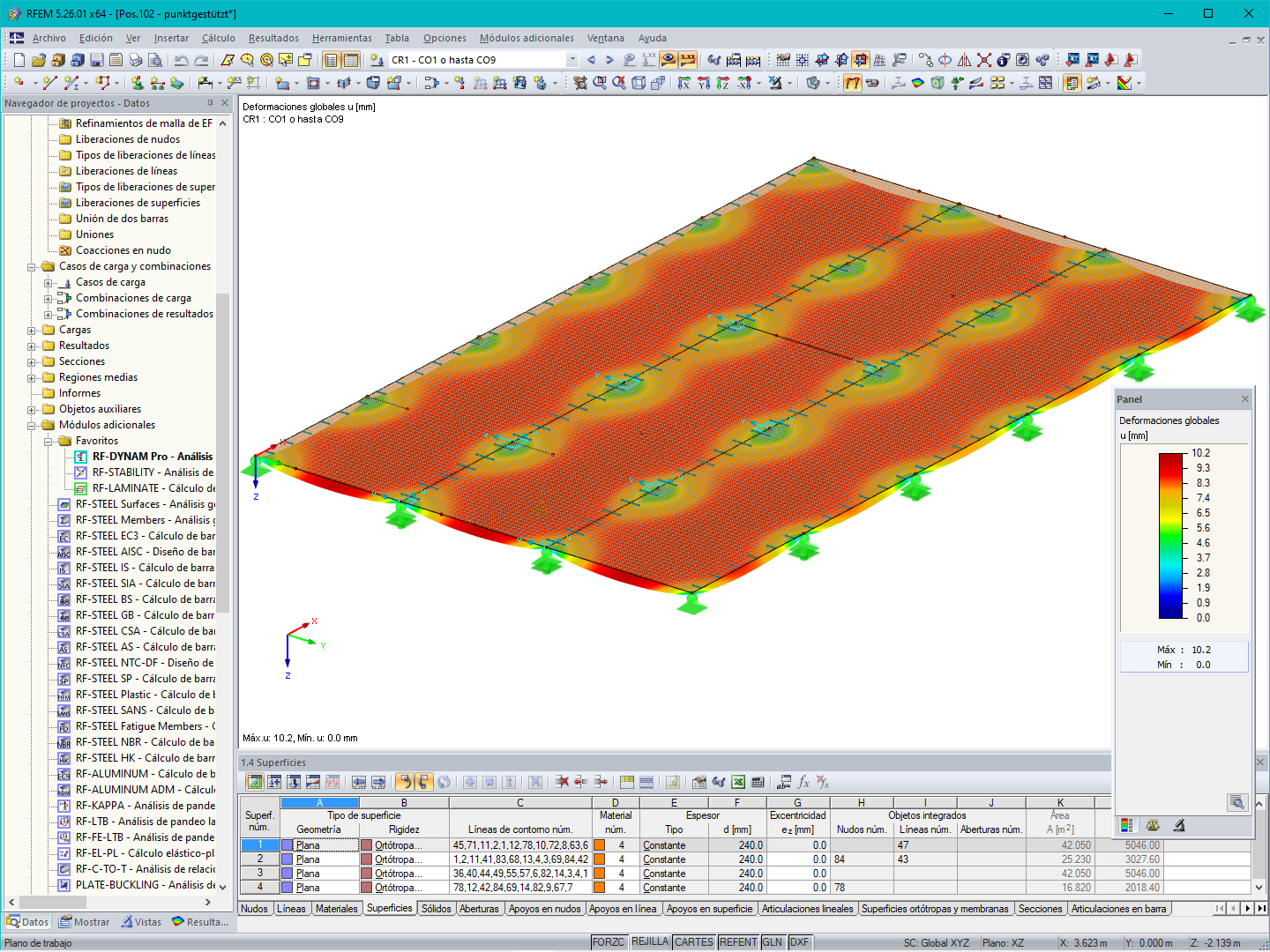 Deformación de un piso de paneles de madera contralaminada en RFEM (© PIRMIN JUNG)