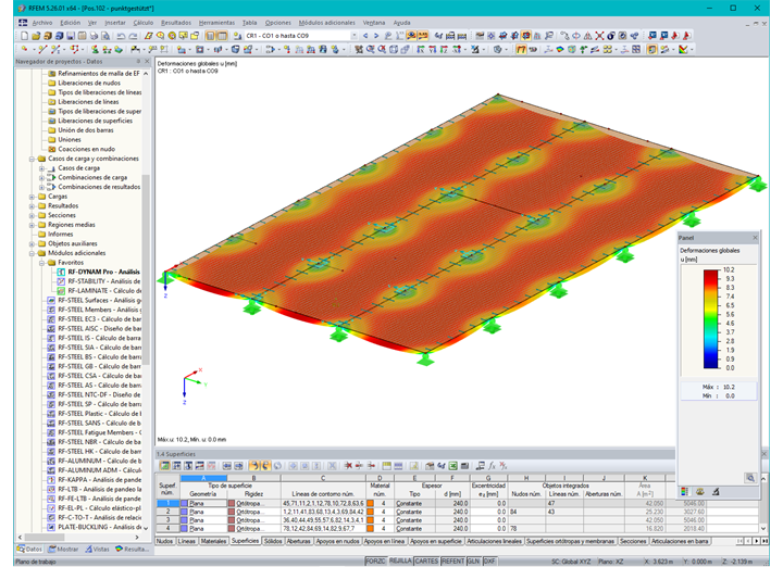 Deformación de un piso de paneles de madera contralaminada en RFEM (© PIRMIN JUNG)