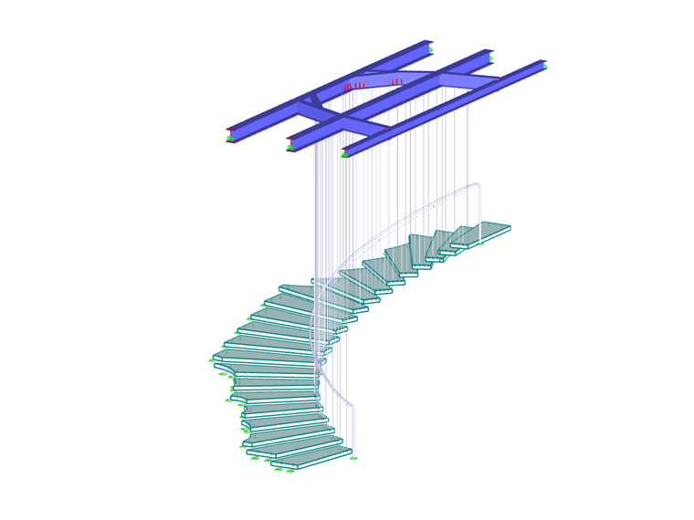 Modelo 3D de la escalera de vidrio suspendida en RFEM (© Stutzki Engineering)