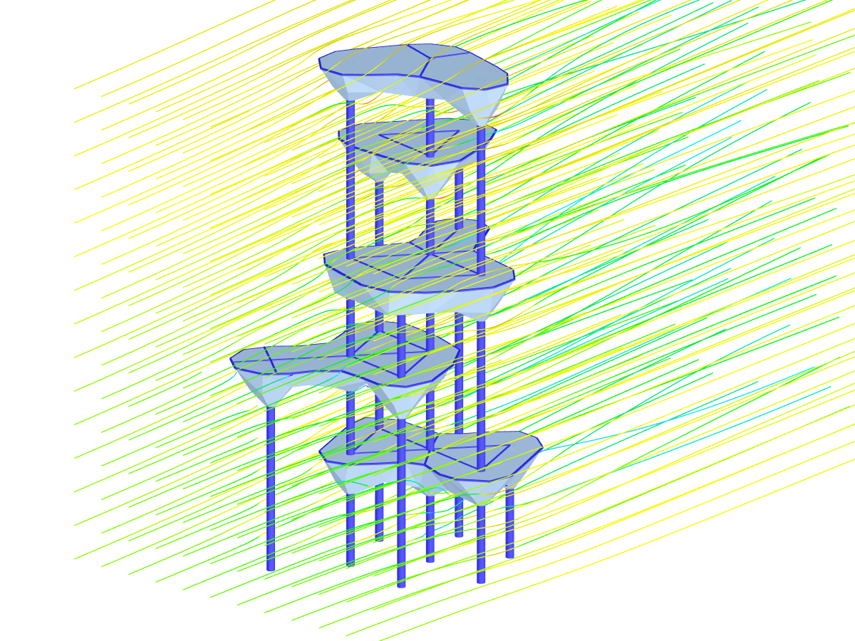 Modelo de torre en 3D con líneas de corriente en RWIND Simulation (© Timbatec)