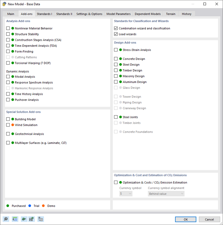 Pestaña "Complementos" con funciones para análisis y diseño