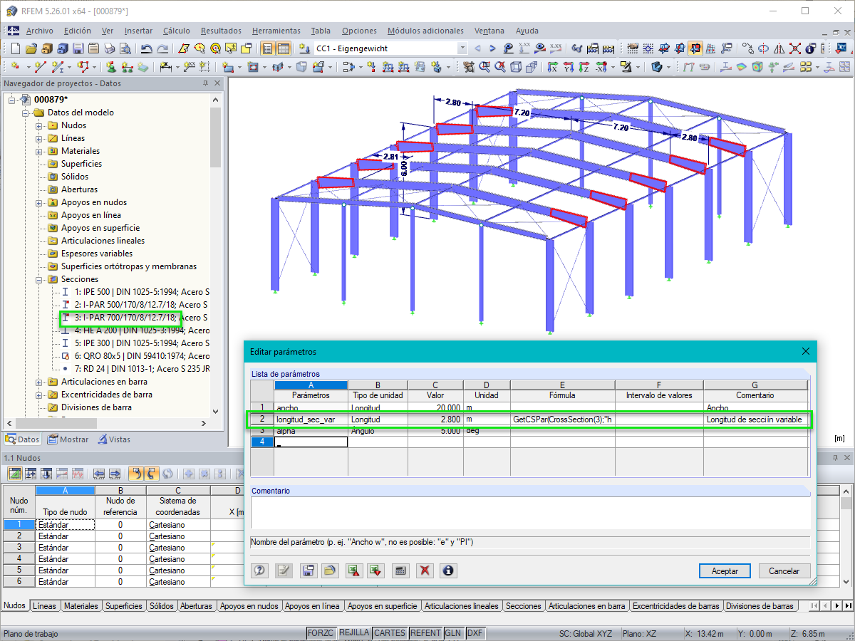 Parametrización de la longitud de la sección variable en función de su altura