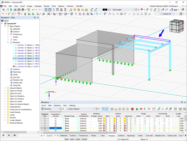 Modelo estructural con barra seleccionada (en el navegador o en la tabla) resaltada en los gráficos