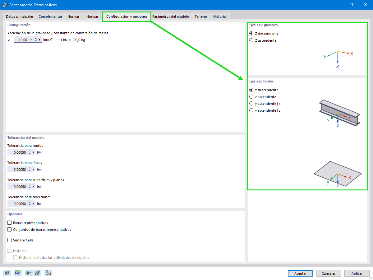 FAQ 005046 | ¿En qué parte del programa puedo establecer si el eje Z global y los ejes locales deben dirigirse hacia abajo o hacia arriba?