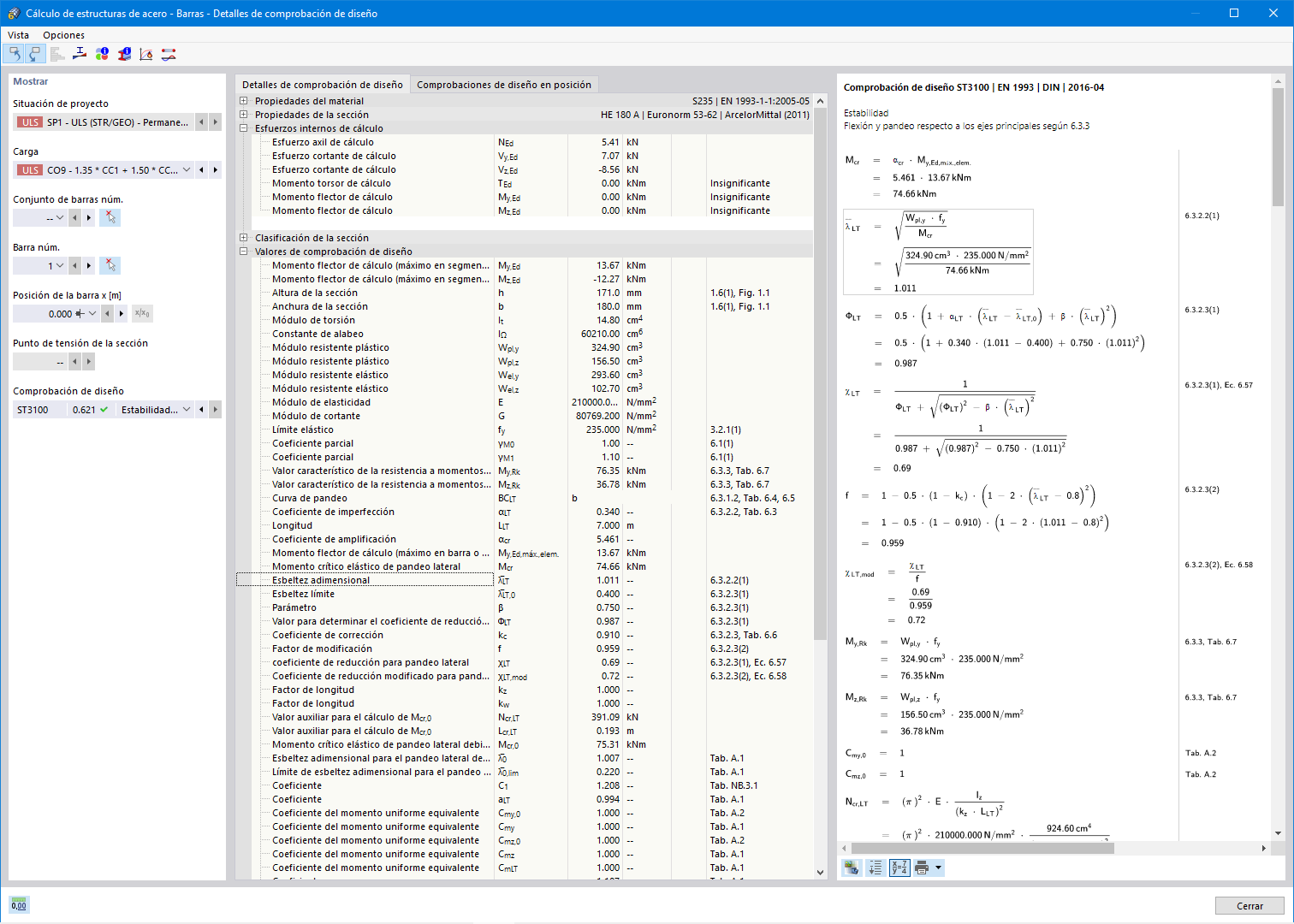 Detalles de cálculo de barras con fórmulas de diseño