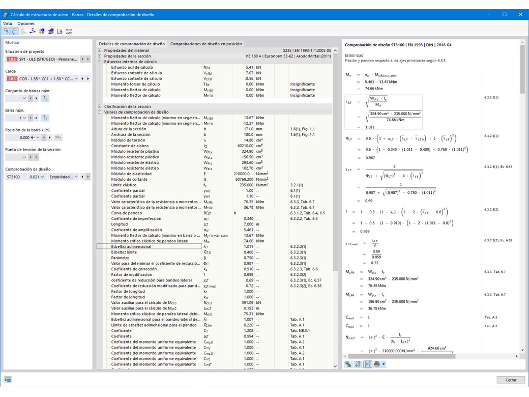 Detalles de cálculo de barras con fórmulas de diseño