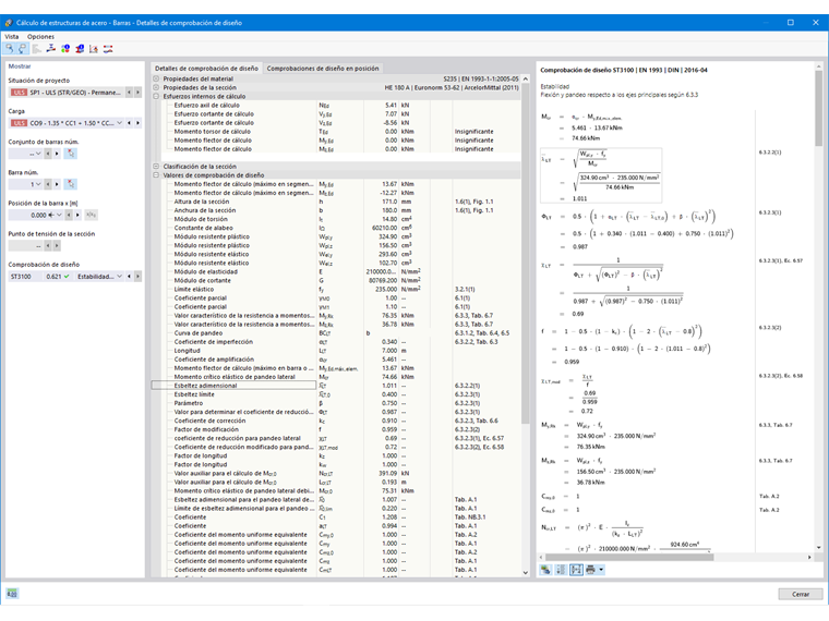 Detalles de cálculo de barras con fórmulas de diseño
