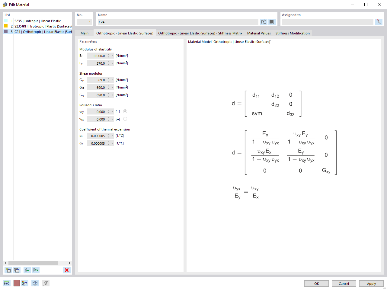 Modelo de material ortótropo | Elástico lineal (superficies)
