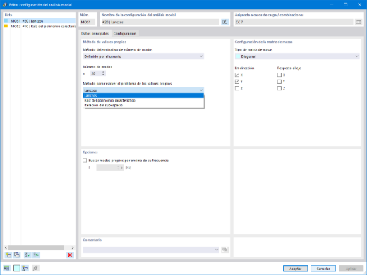 Configuración del análisis modal