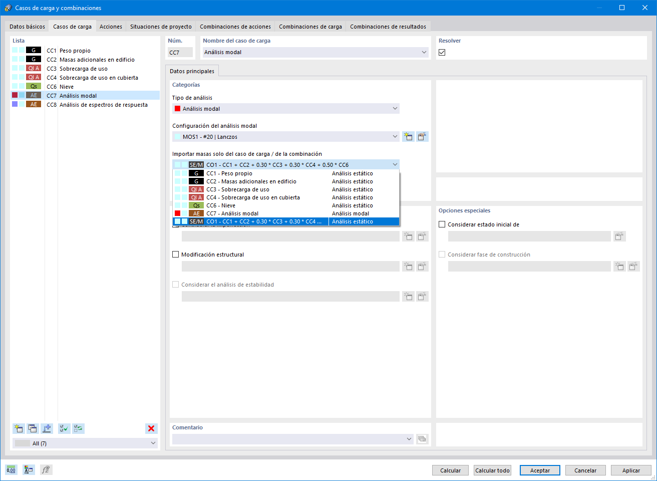 Importación de masas para el análisis modal