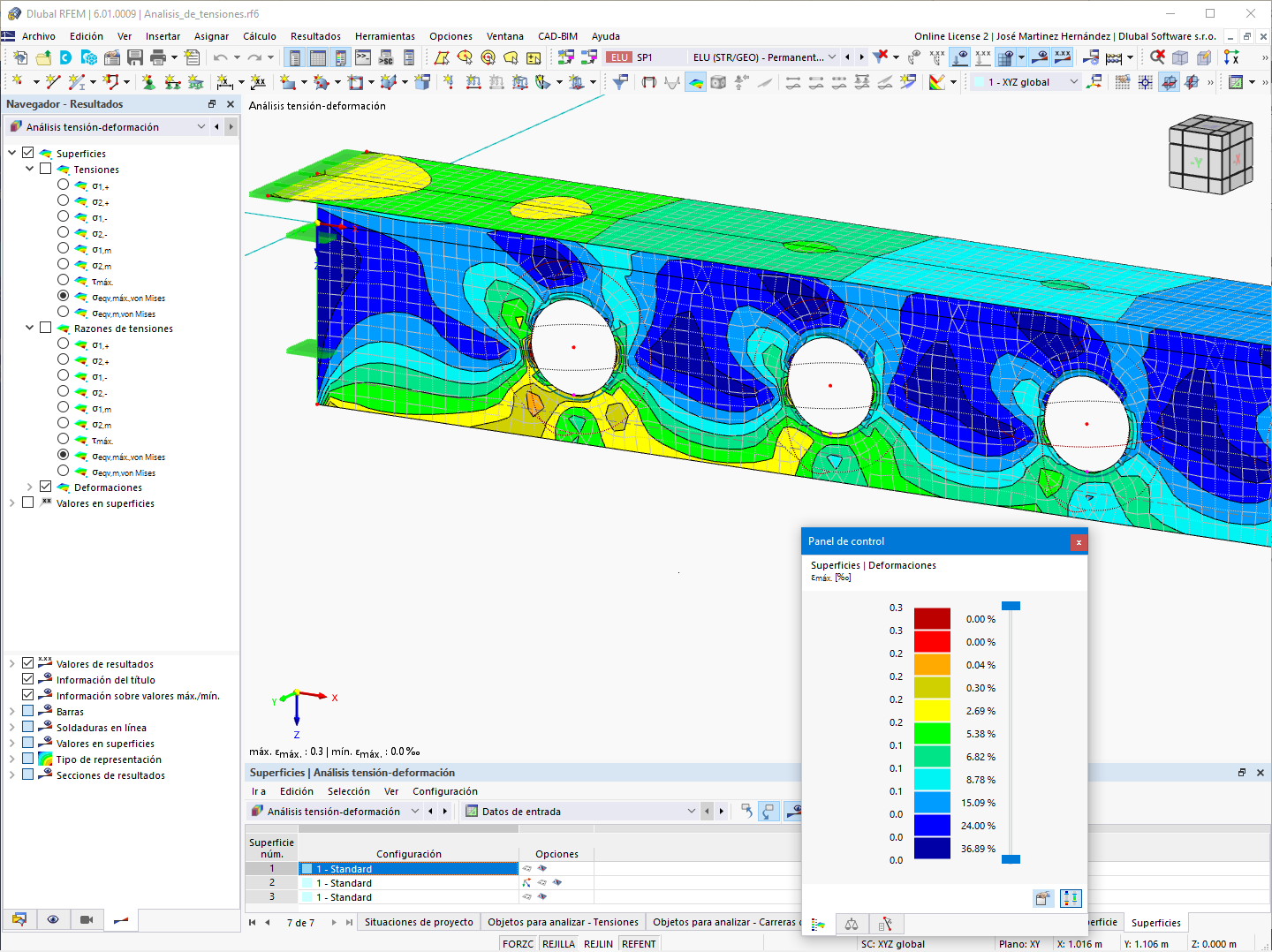 Visualización de resultados de un cálculo tensión-deformación con visualización de las deformaciones de superficie en un análisis técnico.