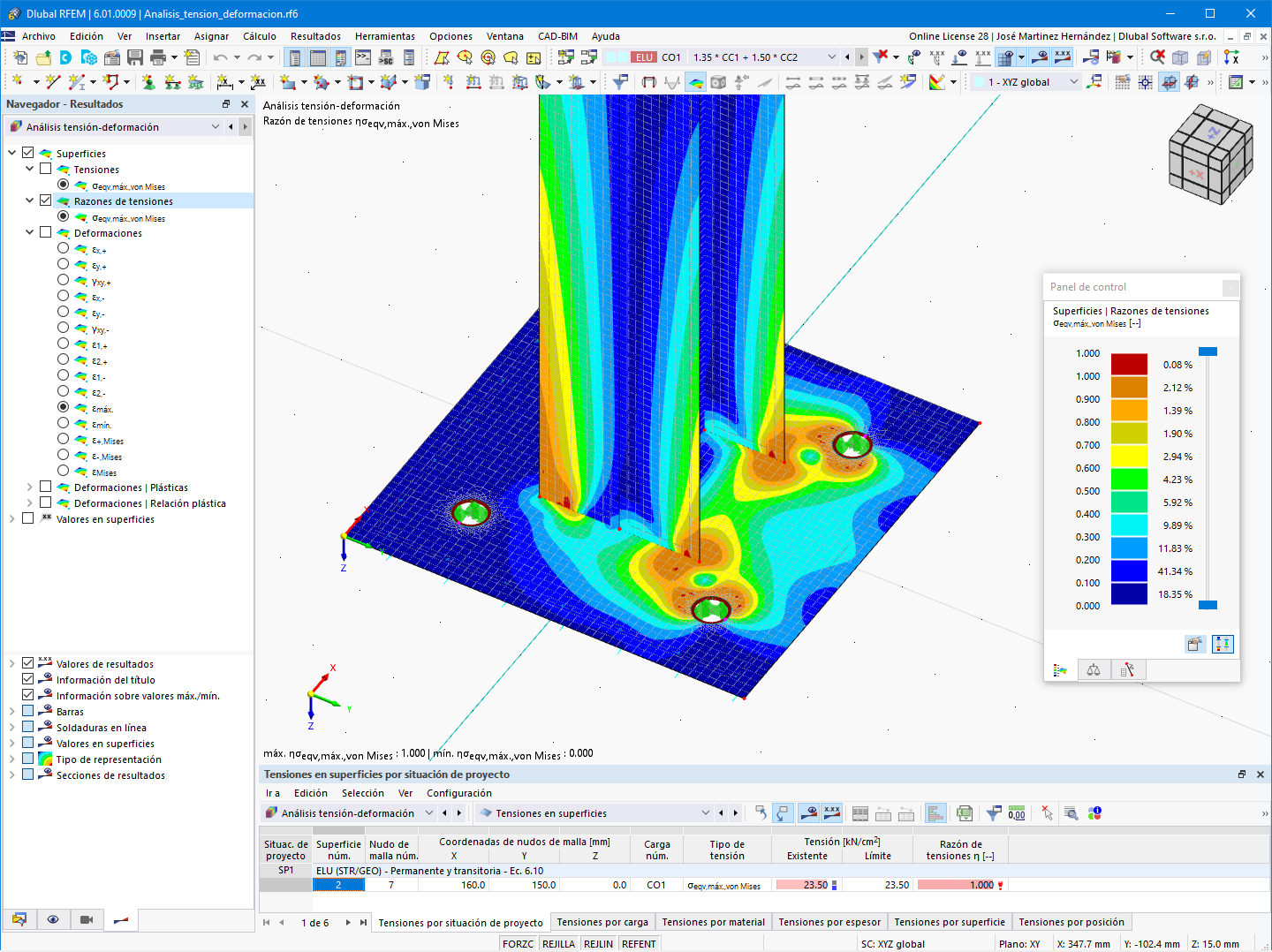 Cálculo de tensiones gráfico y tabular en el complemento de RFEM 6.